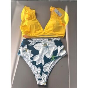 Beachsissi Yellow Ruffle Swimsuit High Waisted Floral Bikini Set‎ Women's